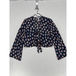 BCBGeneration Floral Tie Front Crop Top XXS Blue Long Sleeve Blouse